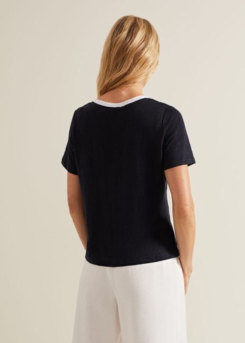 Phase Eight Dorothy Contrast Piping Linen T Shirts Navy/White Canada | NSCXMU-190